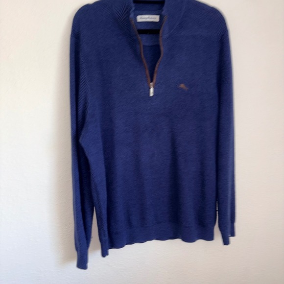Tommy Bahama Mens Blue Cotton Silk Cashmere Quarter Zip Pullover Sweater Large